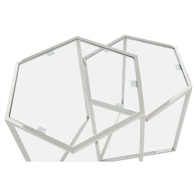 Silver Geometric Steel Side Table with Mirrored Glass Top, Herber