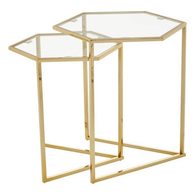 Gold Geometric Stainless Steel Set of 2 Side Table with Mirrored Glass Top, Herber