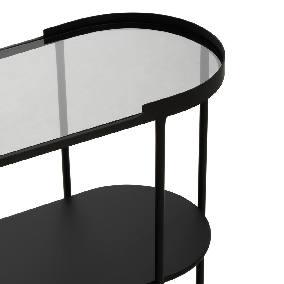 Grey Glass Top Console Table with Two-Tier Shelves and Black Metal Frame, Trento