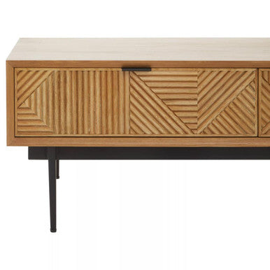 Natural Carved Effect 2-Drawer Coffee Table with Metal Legs, Jakara