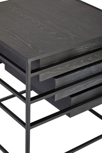 Black Finish 3-Drawer Side Table with Metallic Handles and Iron Frame, Judd