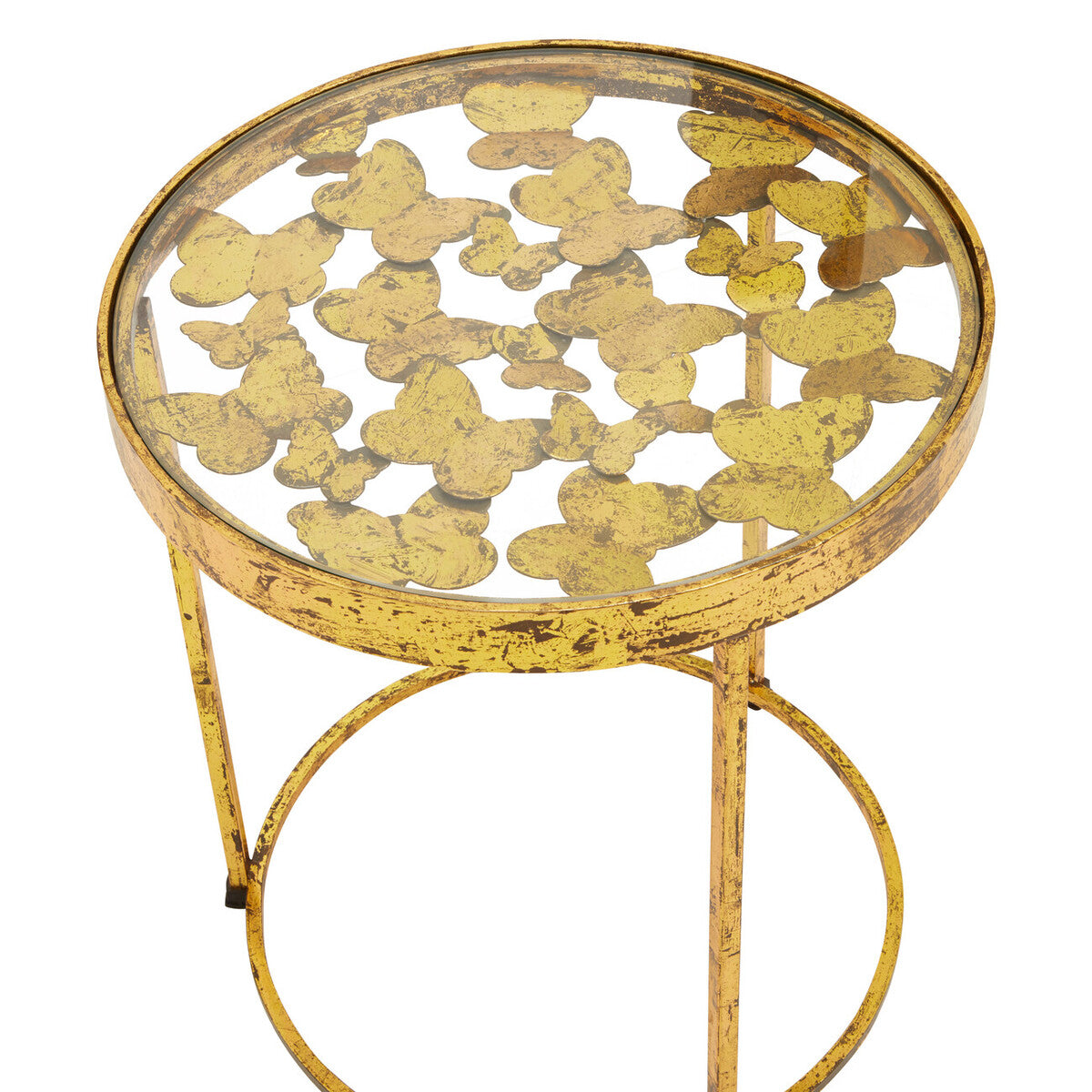 Butterfly Design Clear Glass Top Side Table with Gold Finish Wireframe Base, Rabia