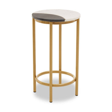 White Marble Shelf Round Side Table with Brass Finish Metal Frame, Vizzini