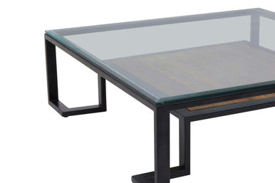 Black Wooden Frame and Glass Top Coffee Table with Shelf, Cibo