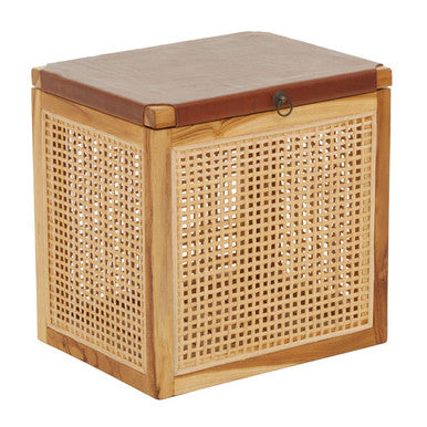 Natural Solid Teak and Rattan Storage Box Side Table with Antique Brown Leather Lid, Kendari