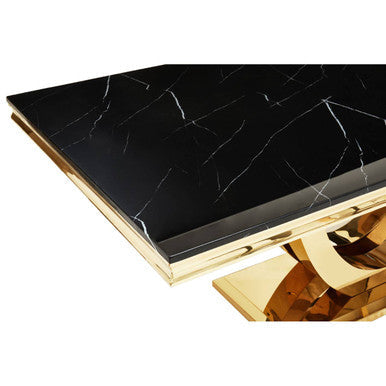 Black Faux Marble Rectangular Top Dining Table with Brushed Gold Geometric Frame, Moda