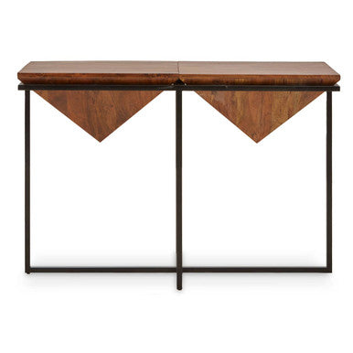 Brown Acacia Wood Pyramid Style Console Table with Black Metal Frame, Shimla
