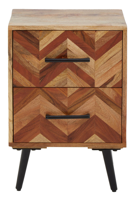 Mango Wood Two-Drawer Bedside Table with Handcrafted Chevron Front and Black Iron Legs | Boho