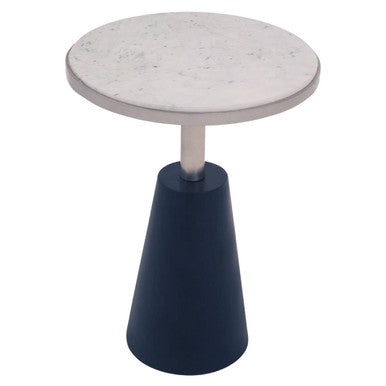 White Round Marble Top Side Table with Slim Column and Black Conical Base, Templar