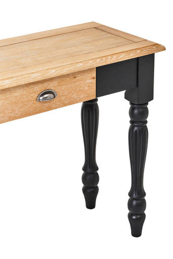 Natural Oak Veneer Top 2-Drawer Console Table with Black Knopped Birchwood Legs and Silver Cupped Handles, Kensington Townhouse
