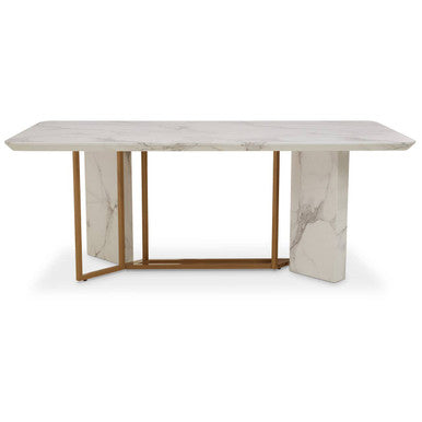 White Marble Top Rectangular Dining Table with Gold Finish Intersecting Base, Vieste