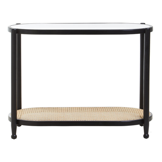 Black Elm Wooden Frame and Clear Glass Top 2-Tier Console Table with Natural Rattan Shelf | Cebu