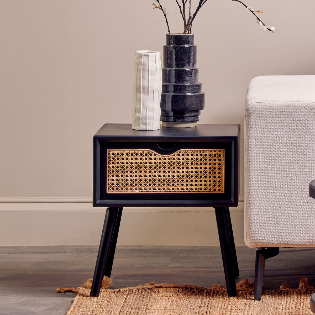 Cebu Black Wood and Natural Rattan 1 Drawer Side Table