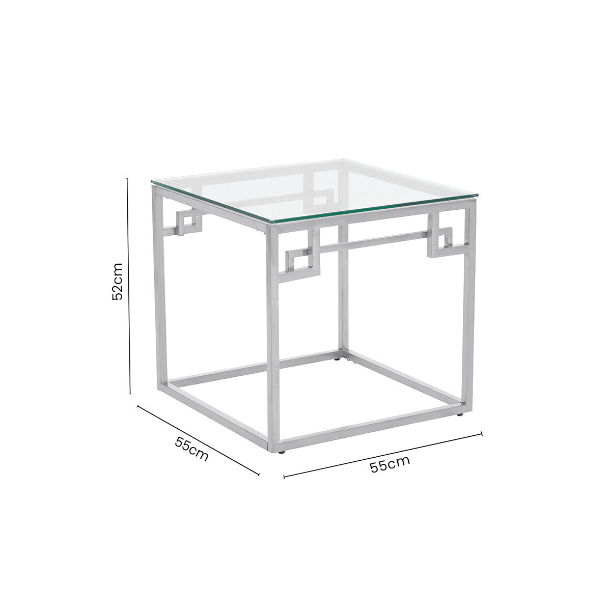 Silver Finish Tempered Glass Top Side Table with Stainless Steel Geometric Frame, Allure