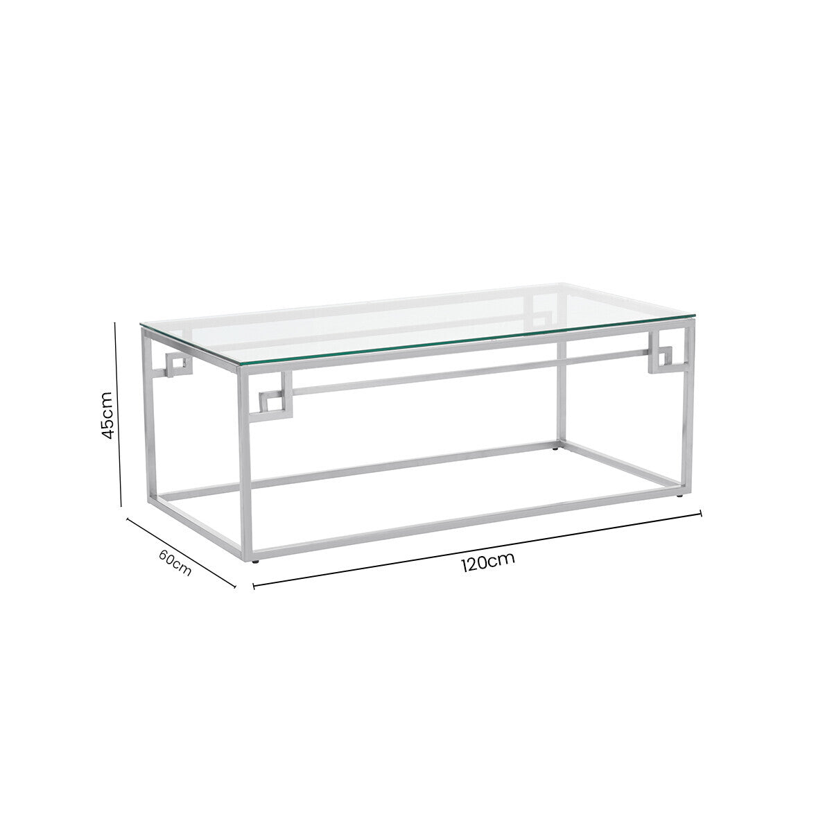 Silver Finish Tempered Glass Top Coffee Table with Stainless Steel Geometric Frame, Allure