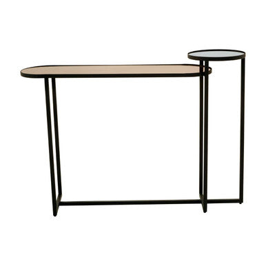 Smoked Mirror Top 2-Tier Console Table with Black Asymmetric Metal Frame, Cercle