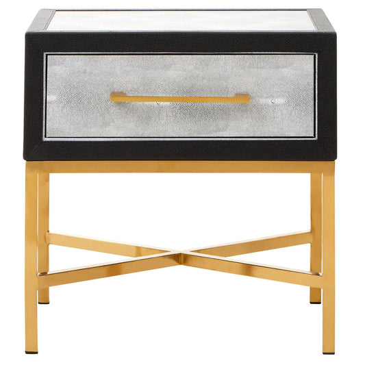 Grey Faux Shagreen 1-Drawer Side Table with Brushed Matte Gold Cross Legs and Black Border, Cadiz