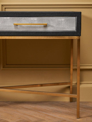 Grey Shagreen Effect 2-Drawer Console Table with Brushed Matte Gold Cross Leg Frame, Cadiz