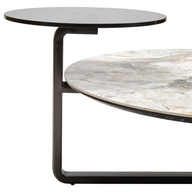 Green and Grey Marble Effect Ceramic Top 3 Tier Coffee Table with Grey Glass & Eucalyptus Veneer Shelves, Imperia