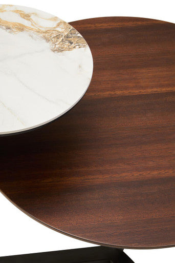 Brown Marble Effect Ceramic Top Round 2-Tier Coffee Table with Eucalyptus Veneer Lower Shelf and Black Metal Legs, Imperia