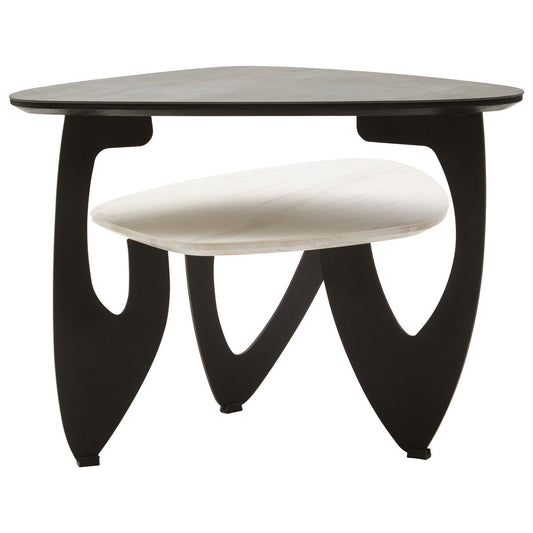 Grey and White Marble Effect Ceramic Tops Small 2-Tier Asymmetrical Coffee Table with Black Metal Base | Imperia