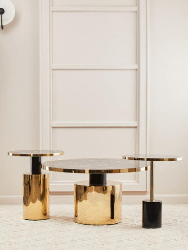 Black Marble Effect Glass Top Side Table with Gold Finished Base, Oria