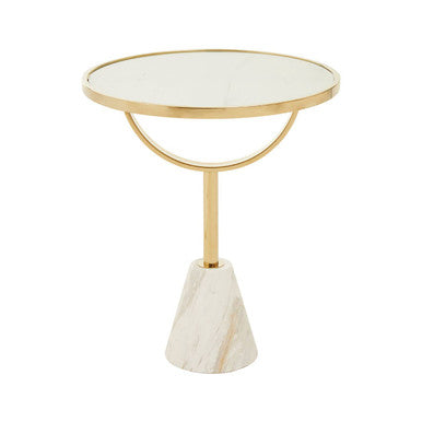 White Glass Top Side Table with Gold Metal Column and White Marble Base, Oria