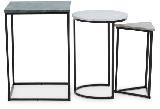 Marble Top Nest of 3 Tables with Black Metal Bases in Assorted Tones and Shapes, Mandoli