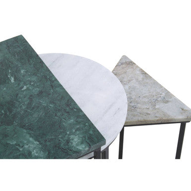 Marble Top Nest of 3 Tables with Black Metal Bases in Assorted Tones and Shapes, Mandoli