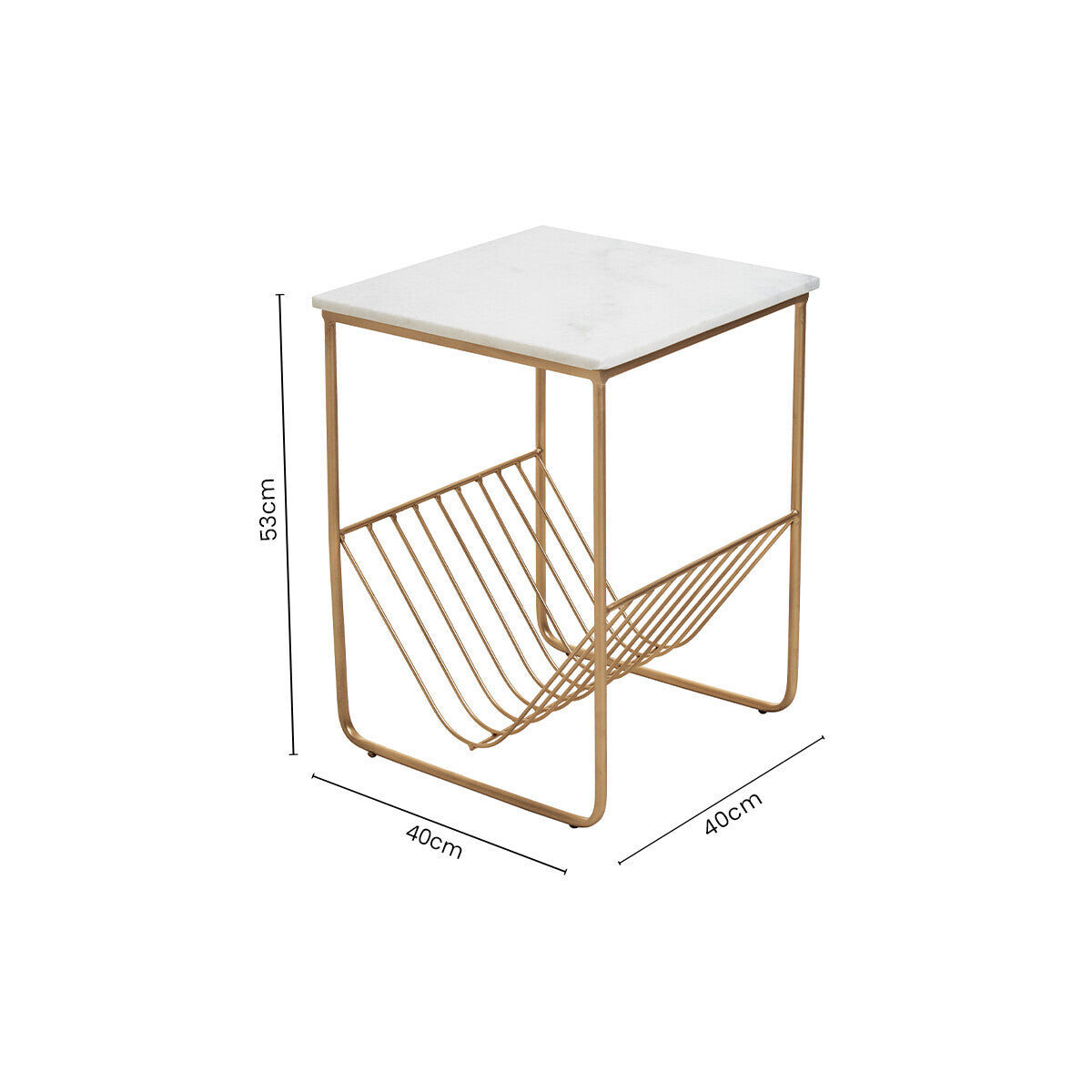 White Marble Top Side Table with Interconnected Gold Metal Frame and Open Rack Storage, Mandoli