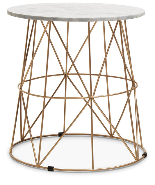 White Marble Top Round Side Table with Gold Cage Metal Frame, Mandoli