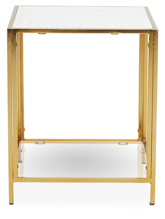Glass Top Side Table with White Terrazzo Effect Shelf and Gold Metal Frame, Novi