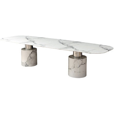 White Marble Dining Table with Cylindrical Marble Legs and Silver Metal Supports, Sesto