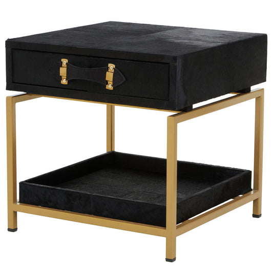 Black Hair-On-Hide Leather Bedside Table with Gold Metal Frame and 1 Drawer | Kensington Townhouse