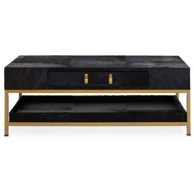 Black Hair-On-Hide Leather Coffee Table with Gold Metal Frame and Storage Drawer | Kensington Townhouse