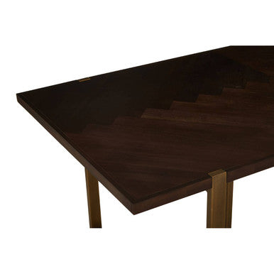 Grey Acacia Veneer Chevron Wood Rectangular Top Dining Table with Antique Brass Frame, Brando