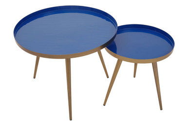 Blue Enamel Nest of Two Side Tables with Gold Finish Metal Frame, Amira