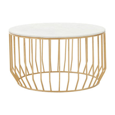 White Marble Top Coffee Table with Gold Finish Iron Cage Base, Pali