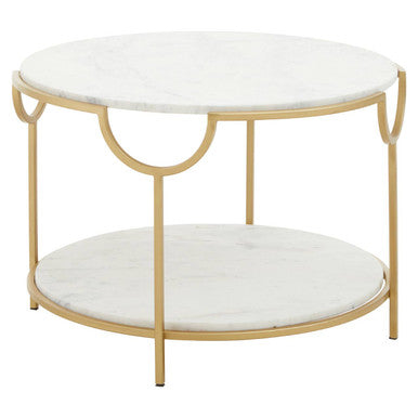 Two-Tier White Marble Top Side Table with Gold Finish Iron Frame | Pali