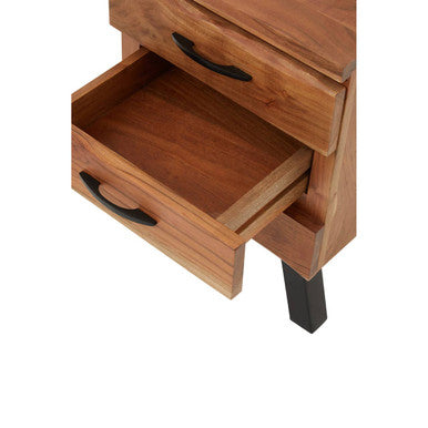 Natural Acacia Wood 3-Drawer Side Table with Black Metallic Legs and Handles, Nashik