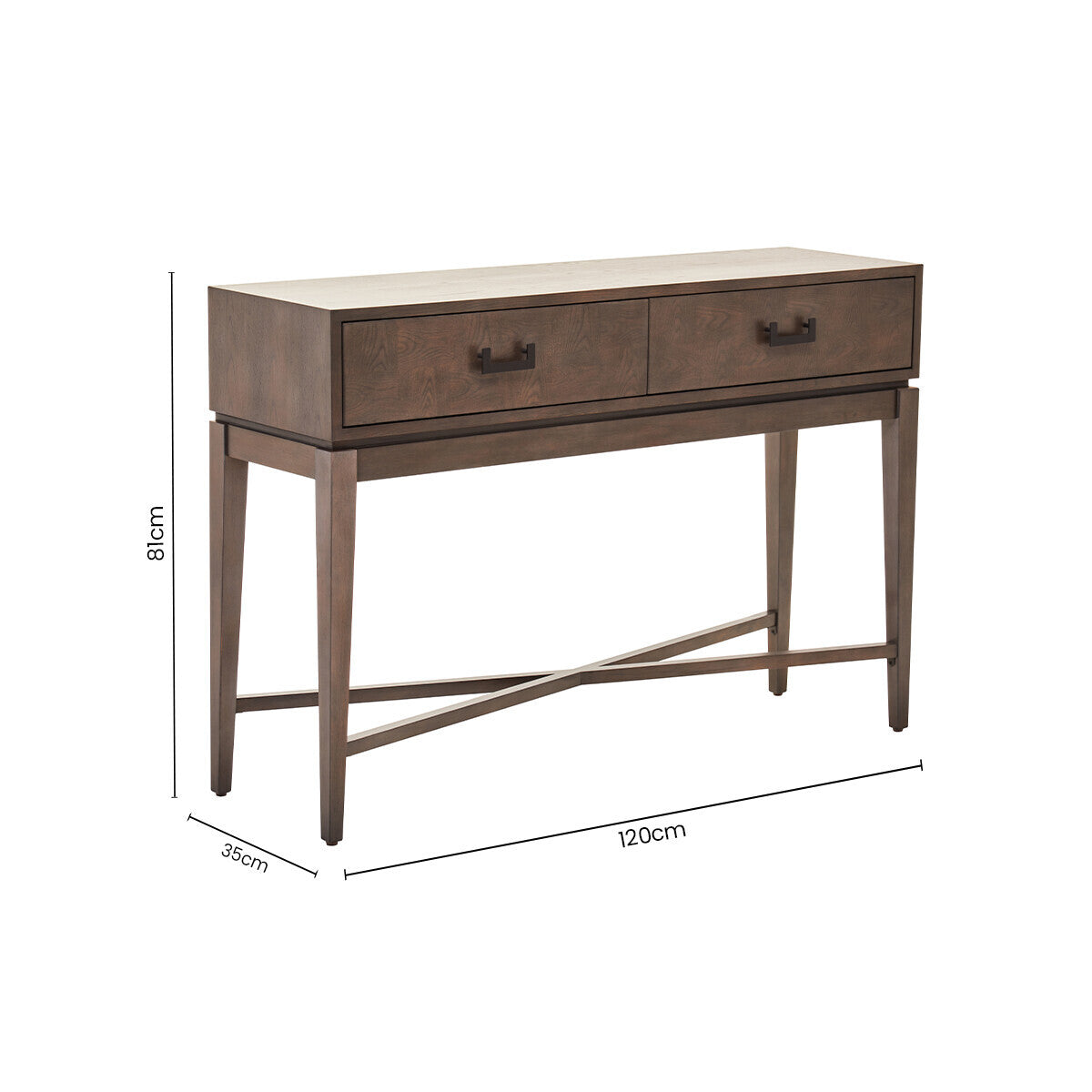 Antique Grey 2-Drawer Console Table with Black Metal Rectangular Handles, Dimaro