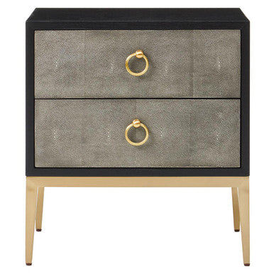 Grey Shagreen Effect 2-Drawer Side Table with Black Top and Gold Metal Legs, Deruta