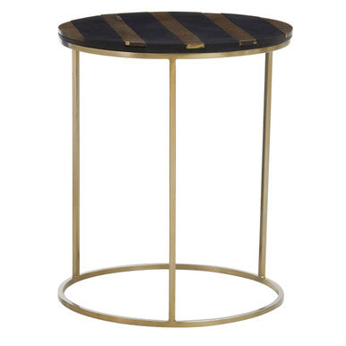 Aris Black and Gold Striped Acacia Wood Round Coffee Table with Interconnected Metal Legs, Aris