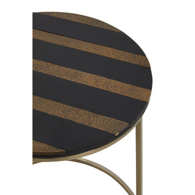 Aris Black and Gold Striped Acacia Wood Round Coffee Table with Interconnected Metal Legs, Aris