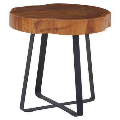 Solid Teak Wood Side Table with Asymmetric Top and Black Cross Bas, Manado