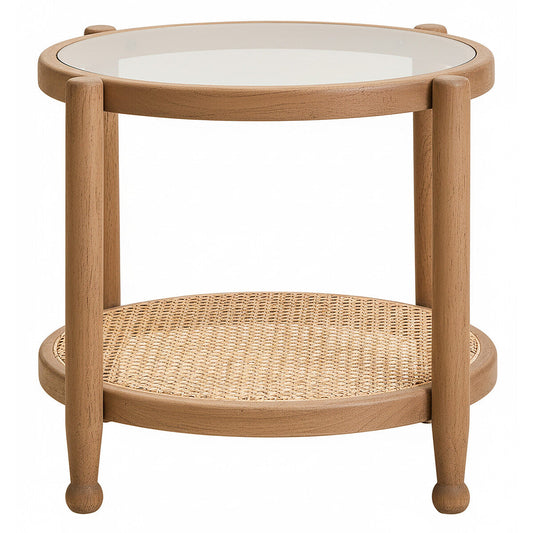 Grey Wash Elm Wood Side Table with Glass Top and Cane Shelf, Cebu
