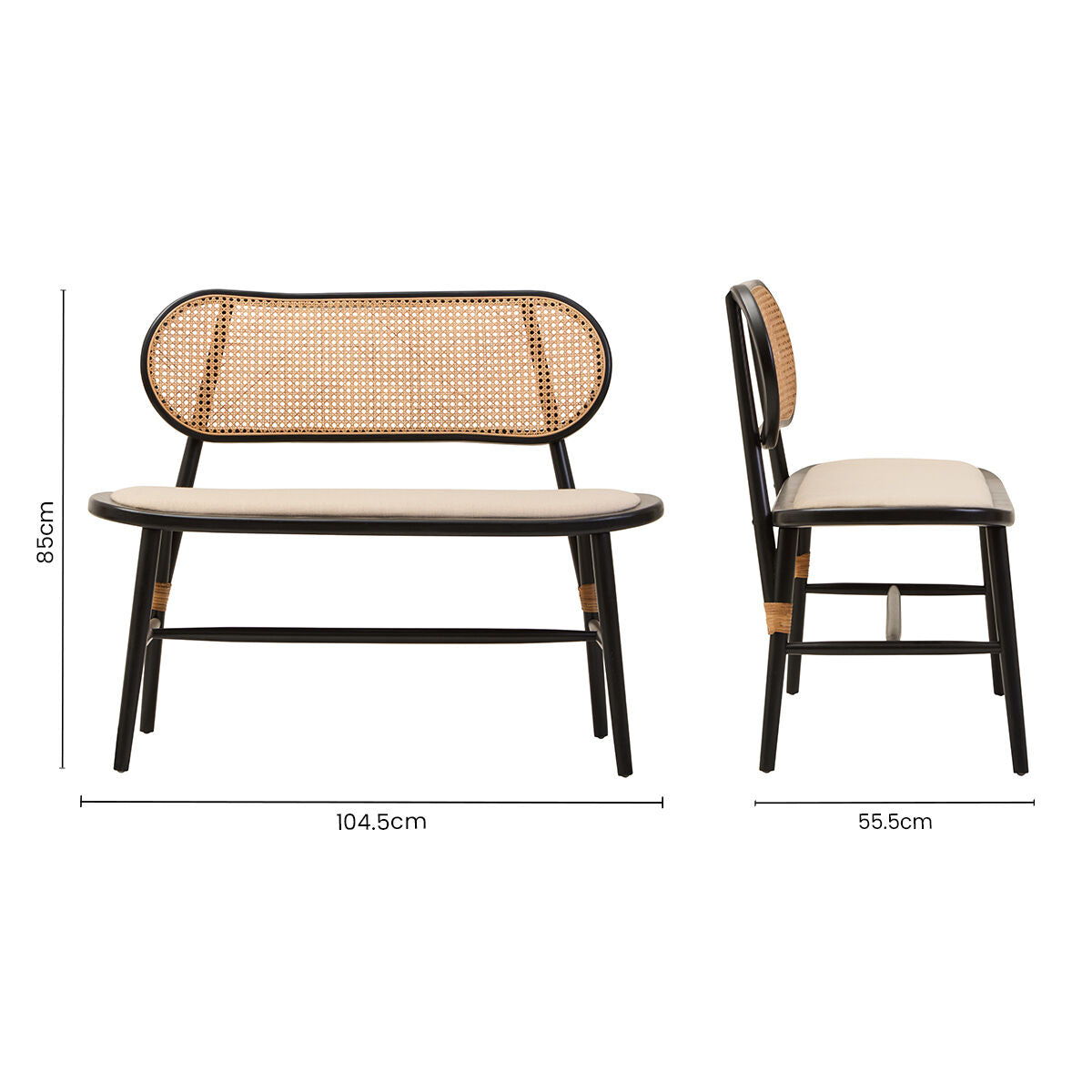 Cebu Black Wood Bench with Rattan Backrest