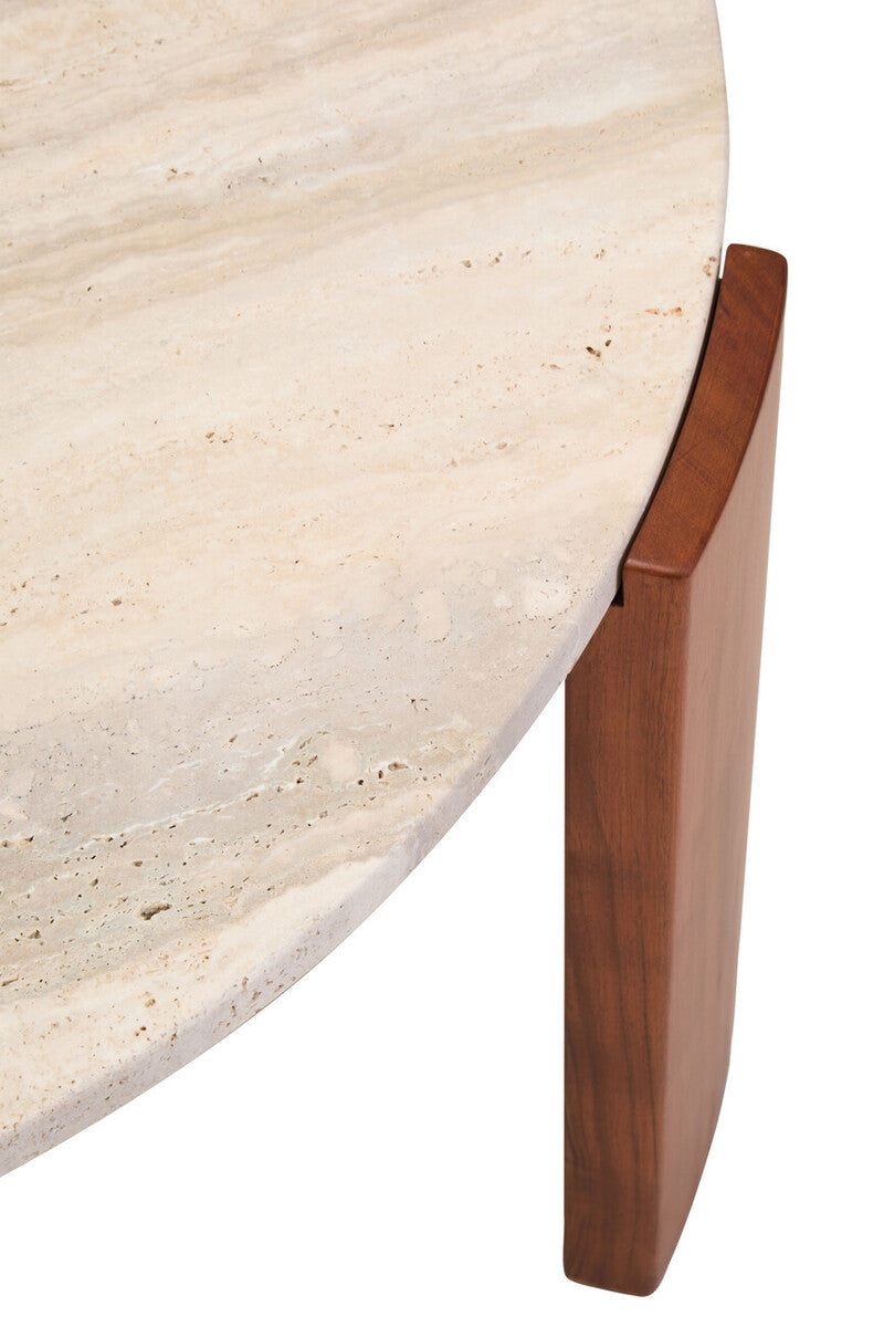 Natural Large Round Travertine Top Coffee Table with Brown Acacia Wood Legs, Palermo