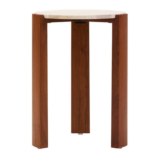 Cream Travertine Top Round Side Table with Natural Brown Acacia Wood Base | Palermo