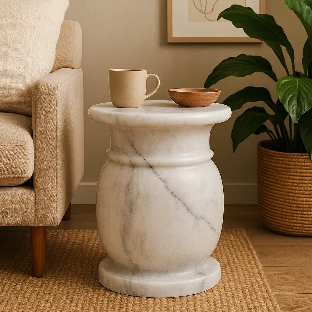 Zoro White Marble Side Table and Stool